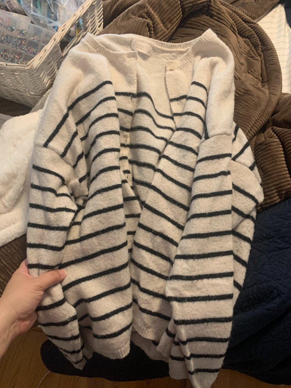 LC Lauren Conrad Black and White Striped Knit Button-Up Cardigan Sweater - Size